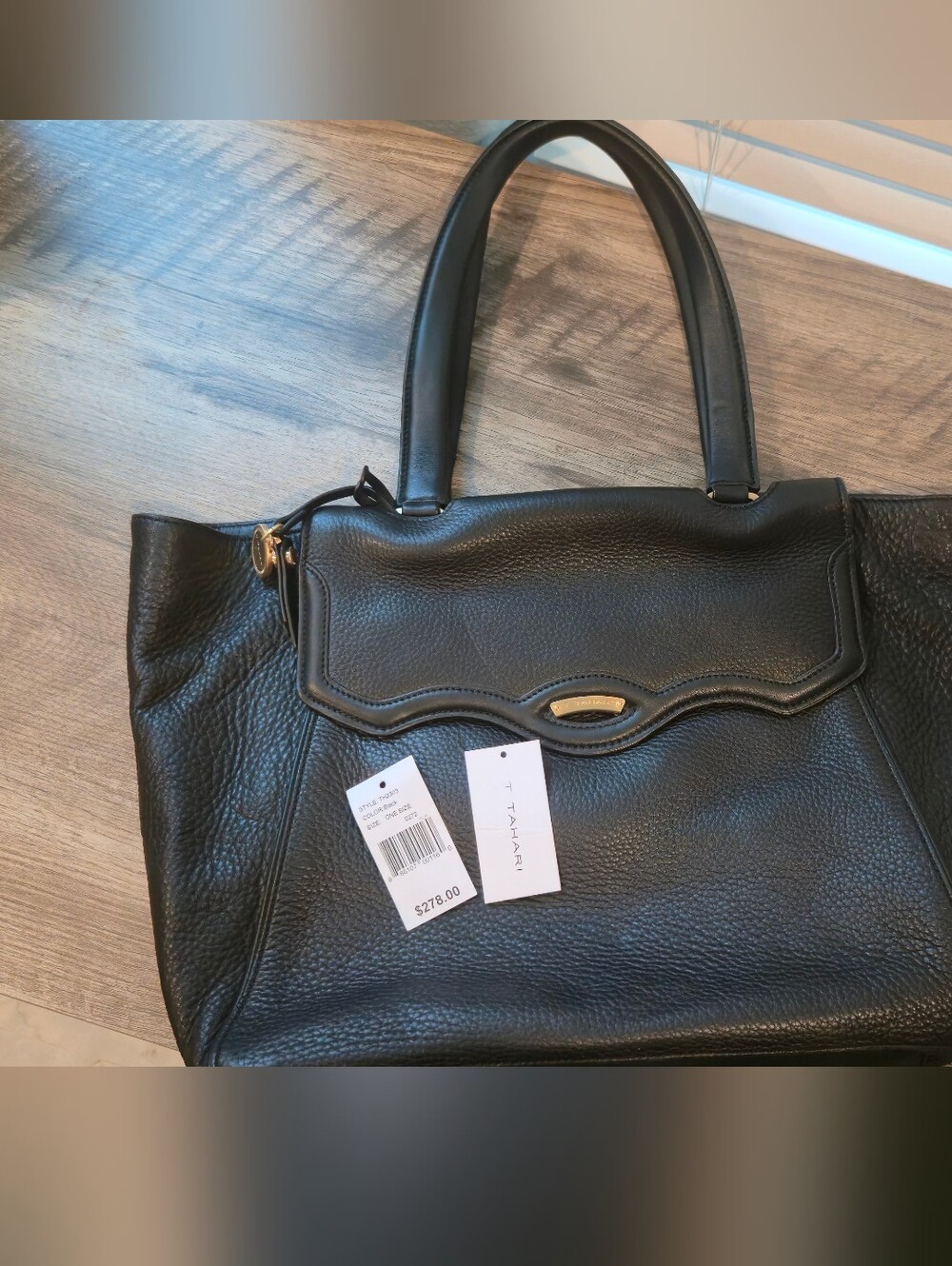 T Tahari Black Pebbled Leather Tote with Gold Accent